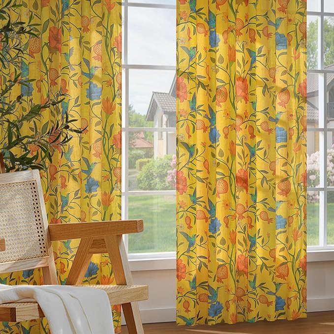 Mustard Yellow Floral Linen Curtains, Boho Whimsical Bird Print Curtains - Image 6