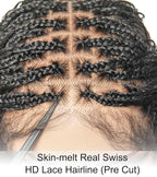 Human Hair Boho Curls Hand-Tied HD Full Lace Wig - 36" Salon-Level Small Box Synthetic Braids (100 Braids, High Density) Pre-Cut Swiss HD Lace, Pre-Plucked, Knotless, Tangle-Free - Black 1B