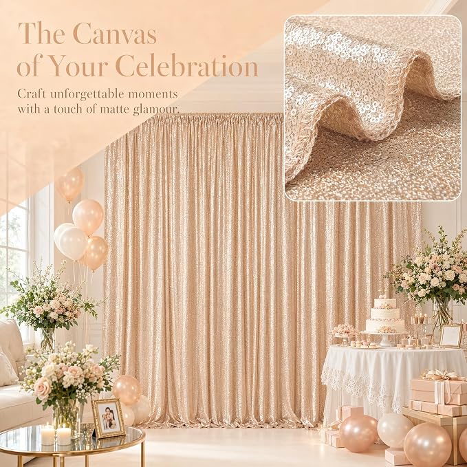 ShinyBeauty Champagne Sequin Backdrop 2 Panels 4x7FT Sequin Curtains | Full - Image 4
