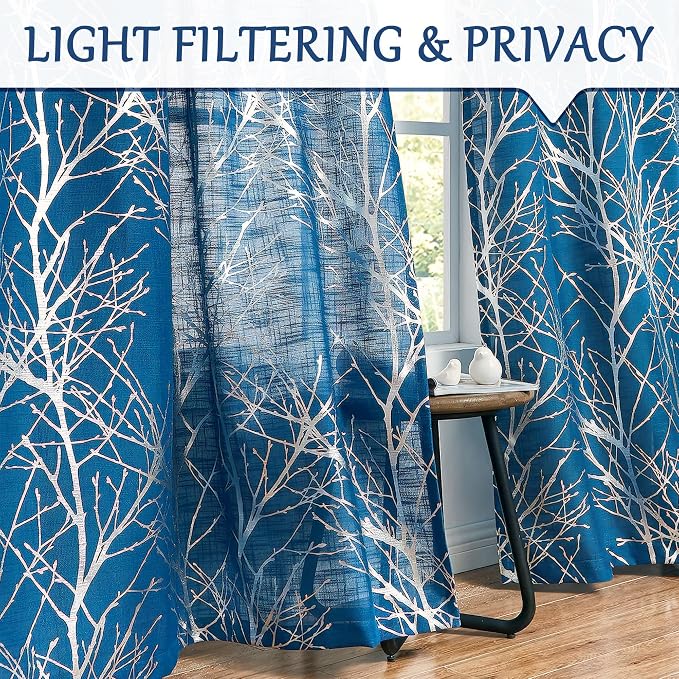 FMFUNCTEX Linen Silver Navy Blue Semi Sheer Print Curtains 96 Inch 2 Panels | - Image 3