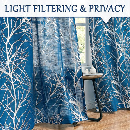 FMFUNCTEX Linen Silver Navy Blue Semi Sheer Print Curtains 96 Inch 2 Panels | - Image 3