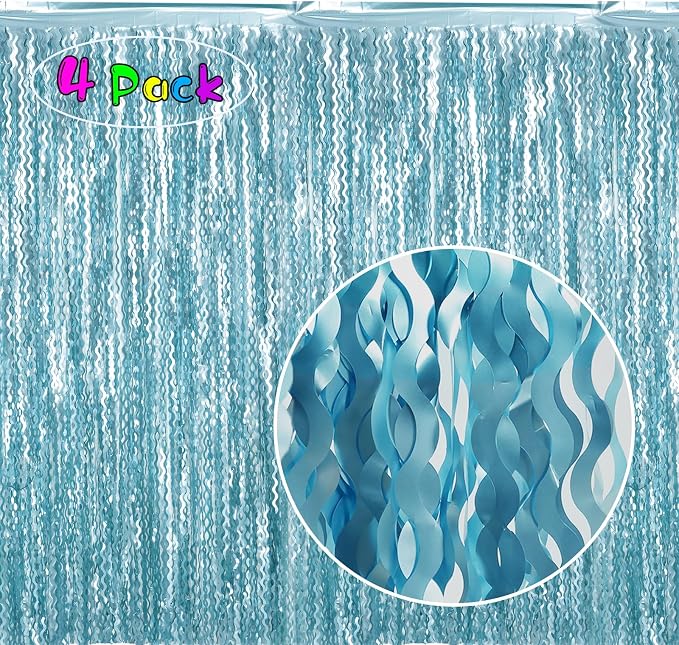 4 Pack Wavy Blue Foil Fringe Curtain 3.3x6.6 Feet | Blue Streamers Tinsel - Image 2