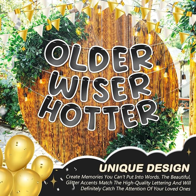 Fulmoon Set of 3 Pre Strung Older Wiser Hotter Glitter Banner Funny Birthday - Image 4