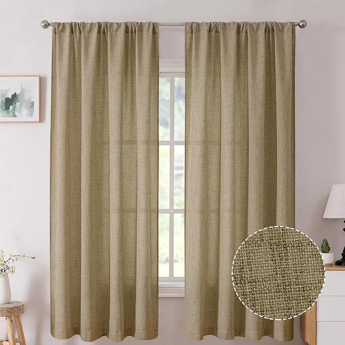 Tollpiz Linen Curtains Living Room Rod Pocket Semi Sheer Curtain Burlap Light by Tollpiz