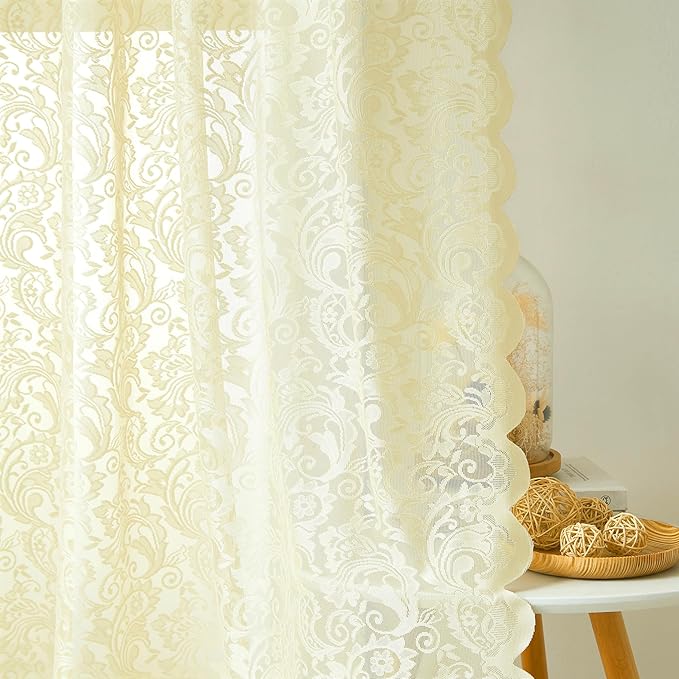 Bujasso Ivory Lace Sheer Curtains 108 inch Vintage Floral Sheer Window Curtain - Image 2