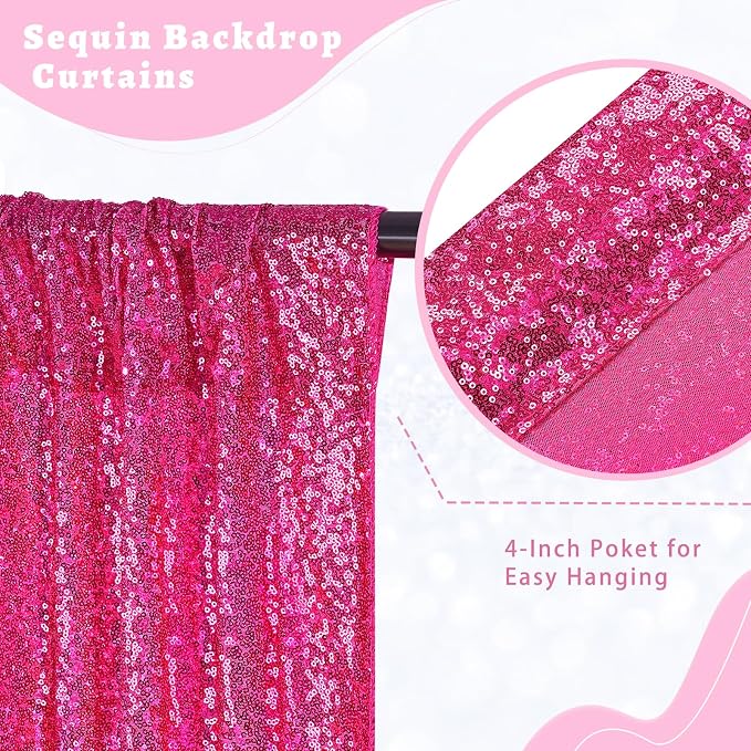 Fuchsia Sequin Backdrop Curtains 4 Pcs 2ftx8ft Glitter Shimmer Fabric | Sparkly - Image 2