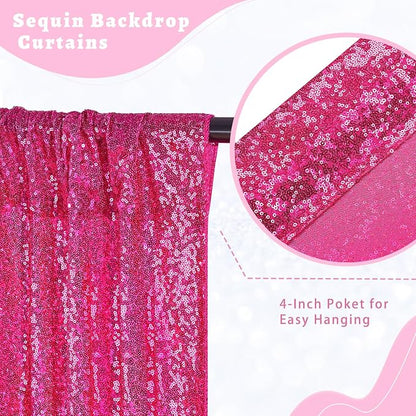 Fuchsia Sequin Backdrop Curtains 4 Pcs 2ftx8ft Glitter Shimmer Fabric | Sparkly - Image 2