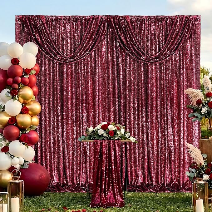 4x8FT Burgundy Red Sequin Backdrop Curtains Drape - Image 4