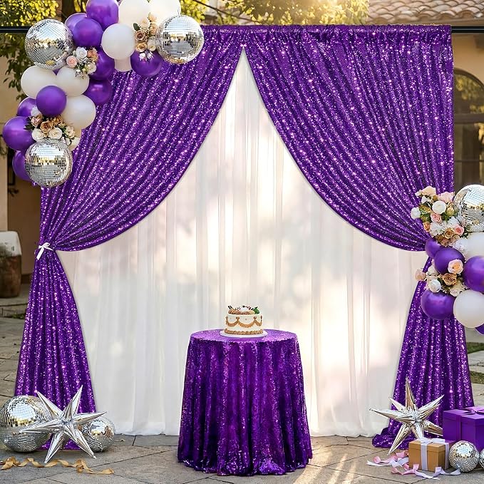 Purple Sequin Backdrop 2 Pieces 2ftx8ft Wedding Glitter Curtain Backdrop Arch - Image 4