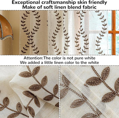 2 Panels Linen Leaf String Floral Embroidered Semi Sheer Curtain Farmhouse - Image 4