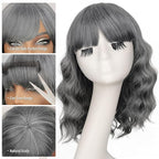 Nnzes Wig Bangs Dark Salt and Pepper Short Wavy Hair for Women Natural Looking Heat Resistant Bob Wigs with Synthetic Wig for Daily Party Use