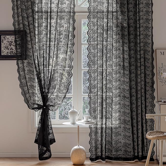 Anmao Vintage Lace Curtains 45 Inches Long 2 Panels Set, Romantic Elegant Light - Image 4