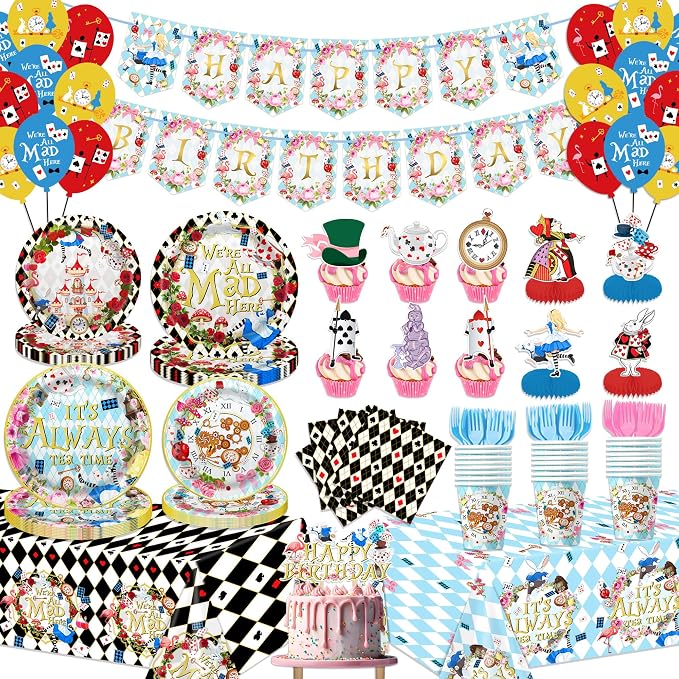 138pcs Wonderland Party Decorations Disposable Tableware Set by LANFUBEISIPARTYSUPPLIES