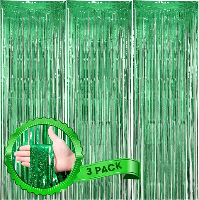 Voircoloria Laser Green Foil Fringe Backdrop Curtains, 3 Pack | Tinsel Streamers by Voircoloria