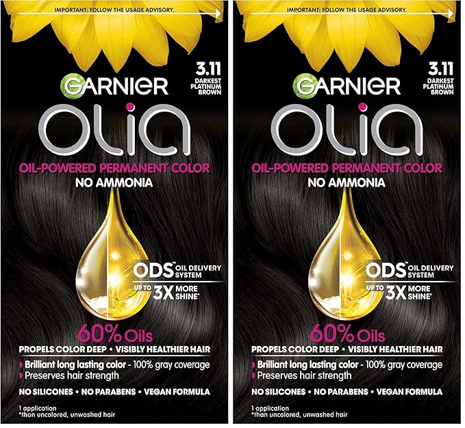 Garnier Hair Color Olia Ammonia-Free Brilliant Color Oil-Rich Permanent Hair Dye, 3.11 Darkest Platinum Brown, 1 Count (Packaging May Vary) (Pack of 2)