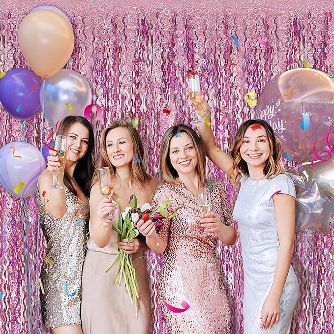 Pink Tinsel Foil Fringe Curtains Wavy Backdrop - Image 3