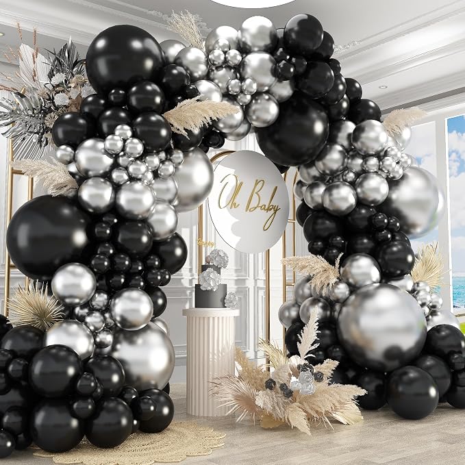 412Pcs Black and Silver Balloons Arch Kit, Latex Balloons Different Sizes 18 12 by PAXILE