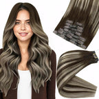Full Shine Hair Extensions Clip in 22 Inch Seamless Hair Extensions Clip in Balayage Dark Brown Mix Platinum Blonde Remy Hair Extension Add Volume for Women 8 PCS 120 G