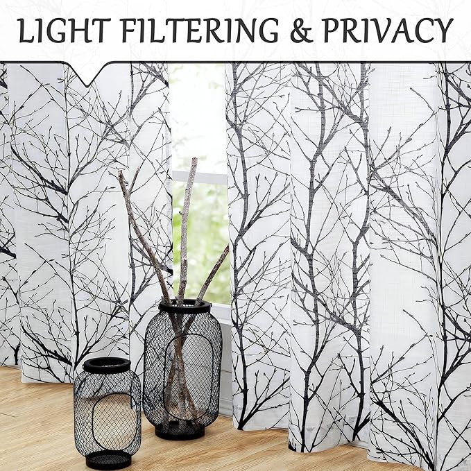 FMFUNCTEX Linen Black White Semi Sheer Print Curtains 96 Inch Long 2 Panels | - Image 3