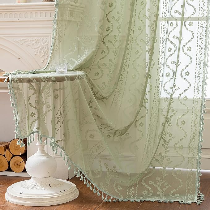 WAZZIO Boho Lace Curtains 2 Panels 84 Inch -Vintage Victorian Sheer Panel Drape - Image 6