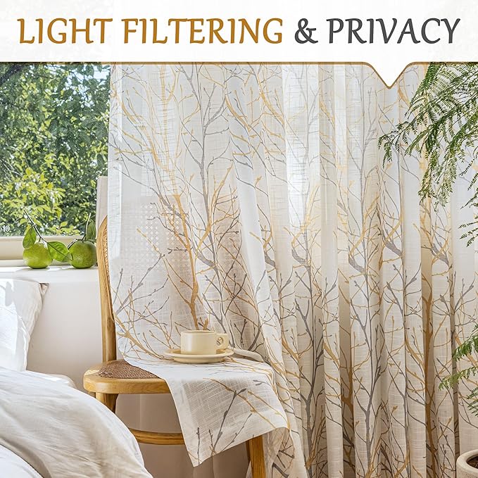 FMFUNCTEX Linen Yellow White Semi Sheer Patio Curtains 84 Inch Long 1 Panel | - Image 2