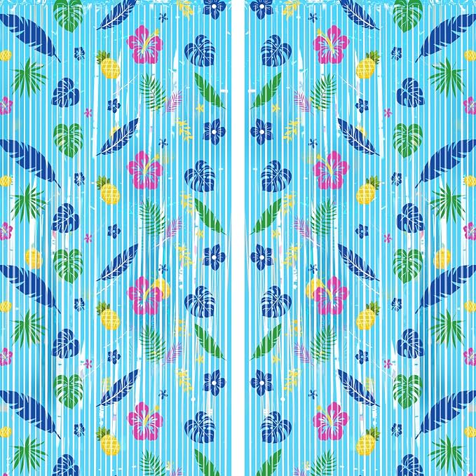 2 Packs Blue Foil Fringe Curtain, Hawaiian Element Pattern Metallic Tinsel - Image 8