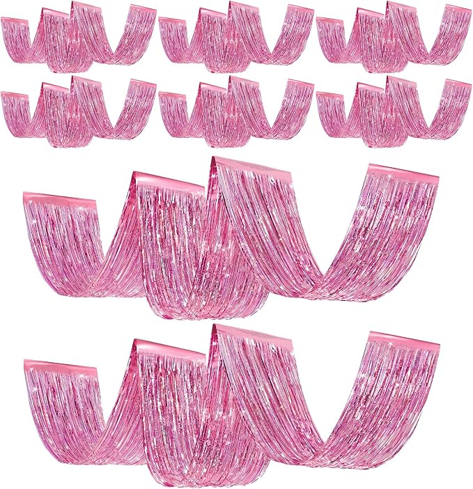 8 Pcs Iridescent Pink 15ft Metallic Foil Ceiling Fringe Curtains by Breling