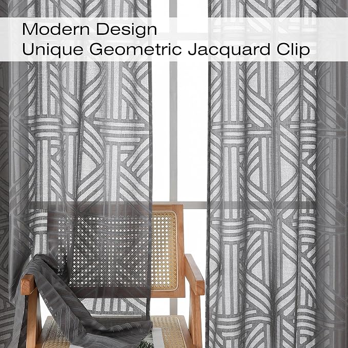 Simplebrand Grey Semi Sheer Curtains 54 Inch Length 2 Panels, Geometric - Image 3