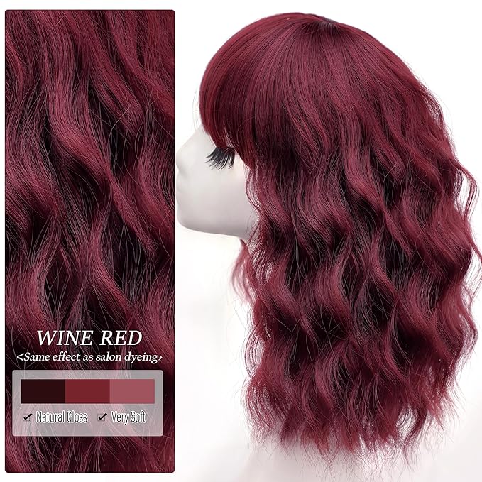 Nnzes Bob Curly Wig Synthetic Short Wine Red Wig with Bangs Natural Looking Heat Resistant Fiber Hair for Women