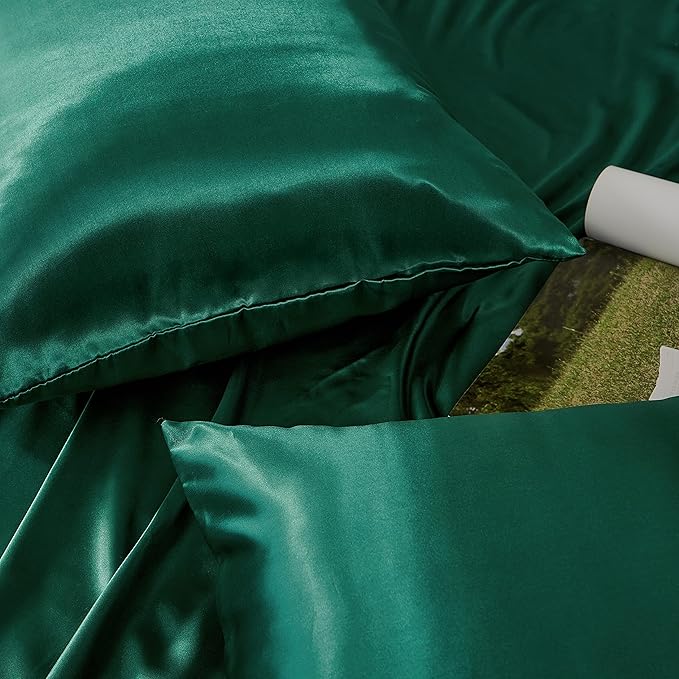 Blackish Green Satin Pillowcase Queen Size Set of 2 for Hair and Skin,Blackish Green Silk Pillowcase Breathable Pillowcase with Envelope Closure