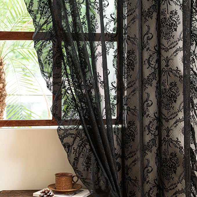Deeprove Black Lace Curtains 96 Inch Length Set of 2 Panels Pair - Image 6