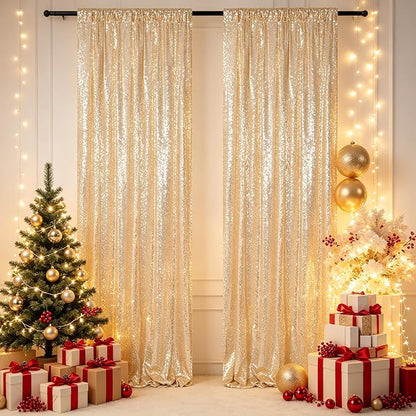 ShinyBeauty Light Gold Sequin Backdrop 2 Panels 7x7ft Christmas Backdrop | - Image 4