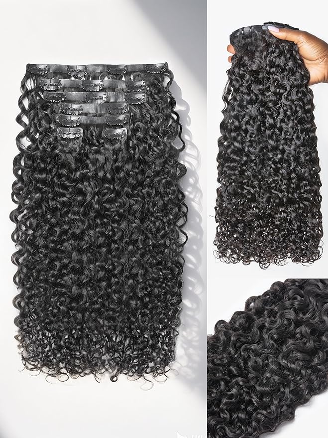 LUVME Burmese Curly Clip in Hair Extensions Real Human Hair Messy Curly Clip Ins Fullness with 2 Pack for Women Brazilian Remy Human Hair Natural Black 135g 24Inch