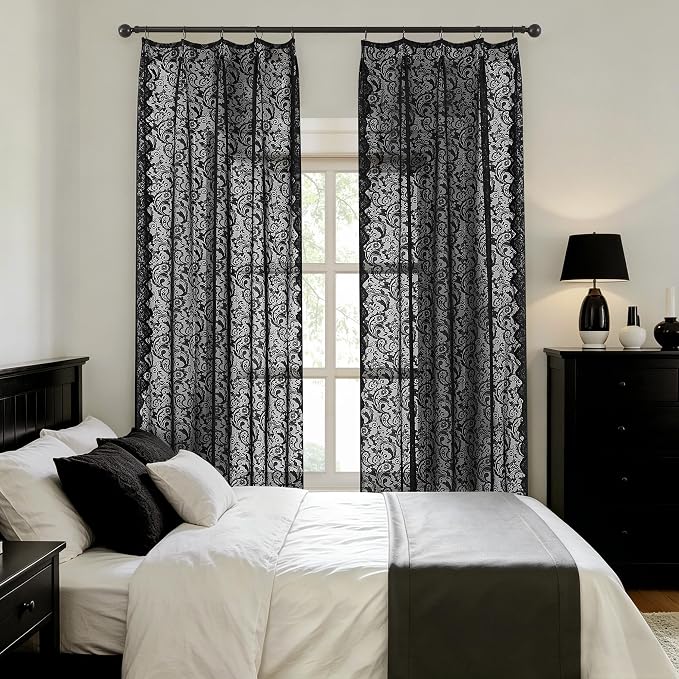 Bujasso Black Lace Pinch Pleat Curtains 102 inch, Gothic Vintage Floral Sheer - Image 8