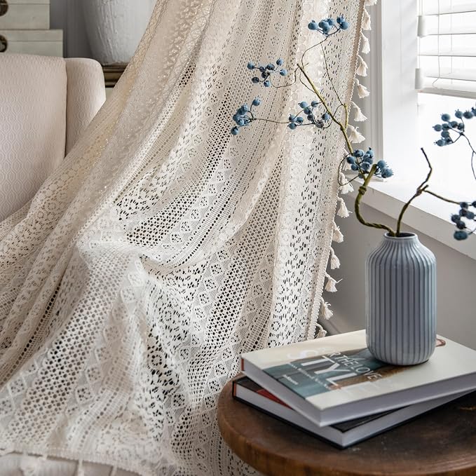 Sutuo Home Beige Boho Curtains Crochet Lace Semi-Sheer Bohemian Hollow Knitted - Image 3