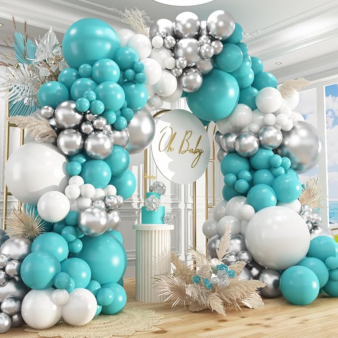 412Pcs Teal Silver White Balloon Garland Arch Kit, 18 12 10 5 Inch Different by PAXILE