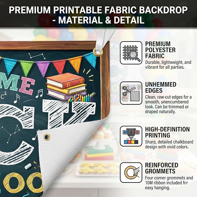 Welcome Back to School Backdrop 59x39in Chalkboard Party Background | Washable - Image 4