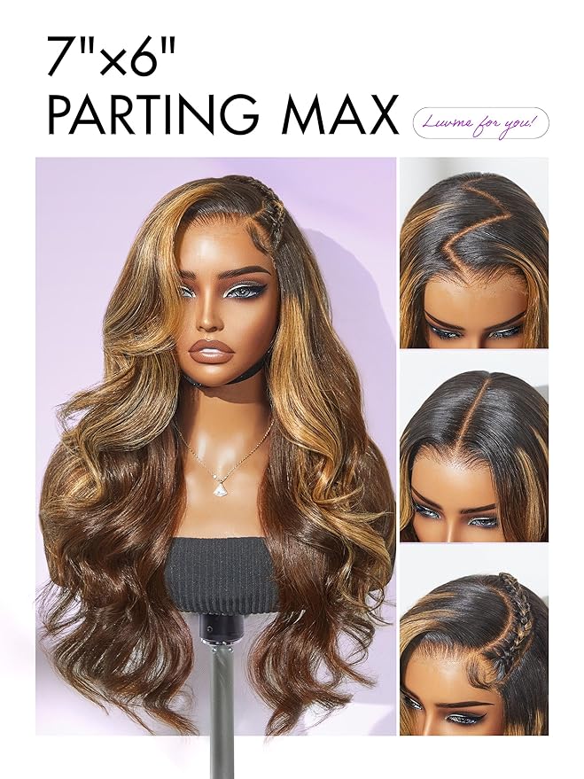 LUVME HAIR 7x6 HD Lace All-Day Comfort Wig 200% Density Hair PartingMax Lace Wigs Loose Body Wave Lace Front Wigs Human Hair Pre Cut Plucked Lace Frontal Glueless Mix Brown Highlight Color 18 Inches