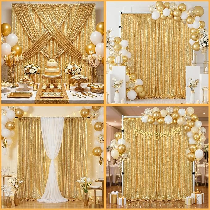Gold Sequin Backdrop Curtains Party Photo Glitter Drapes 2 Pcs 2FTx8FT | - Image 5