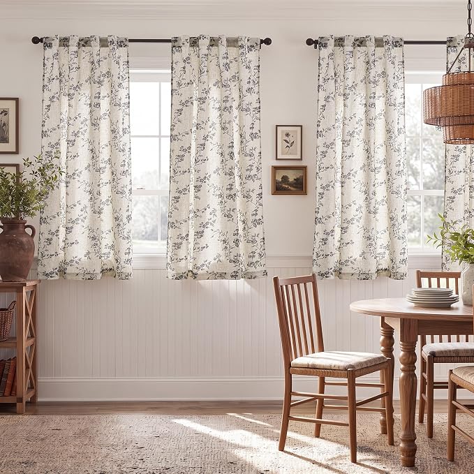 jinchan Black Floral Linen Curtains 63 Inch Rustic Drapes Back Tab 2 Panels | - Image 3
