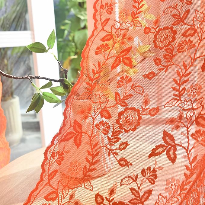 Burnt Orange Sheer Kitchen Curtains Leaf Floral W42 x L45 Inch 2 Panels | Rod - Image 7