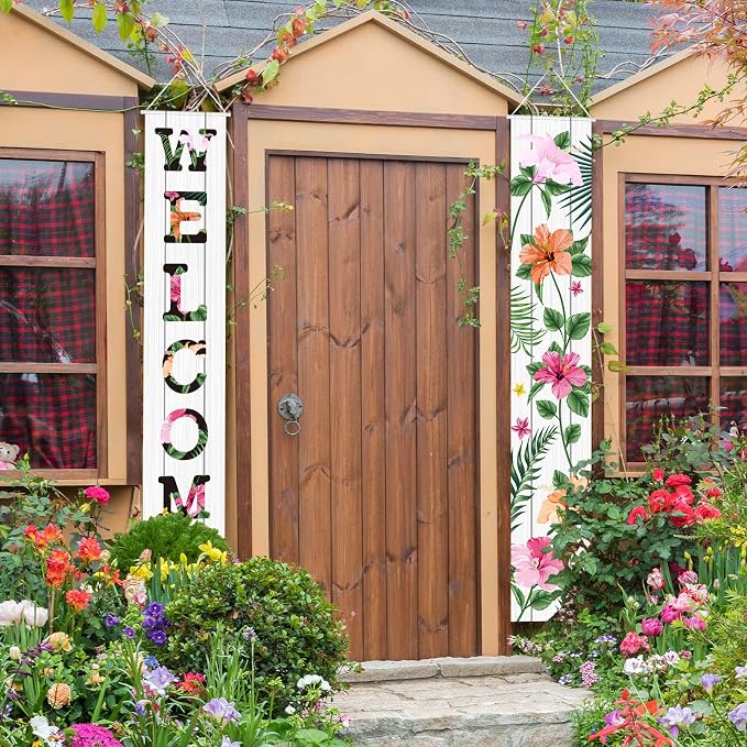 Frienda 2 Pcs Spring Welcome Floral Porch Banners 72"x12" Summer Flower Hanging - Image 6