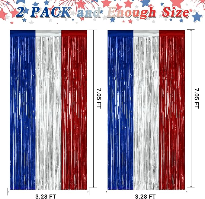 ZATAYE 2 Pack Blue Silver Red Foil Curtain Streamer Decorations | Blue Silver - Image 2