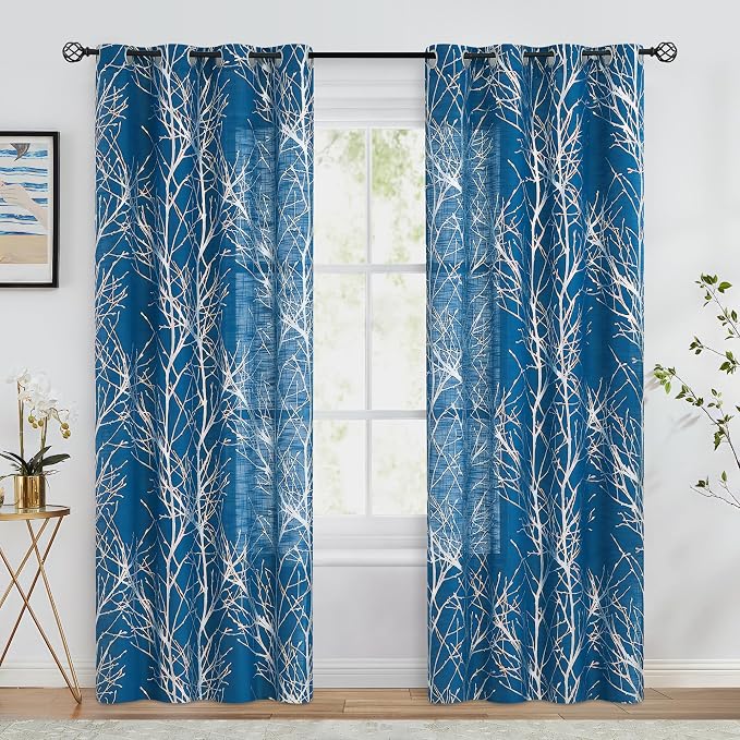 FMFUNCTEX Linen Silver Navy Blue Semi Sheer Print Curtains 96 Inch 2 Panels | - Image 2