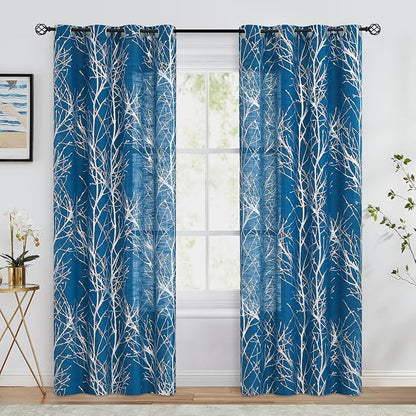 FMFUNCTEX Linen Silver Navy Blue Semi Sheer Print Curtains 96 Inch 2 Panels | - Image 2