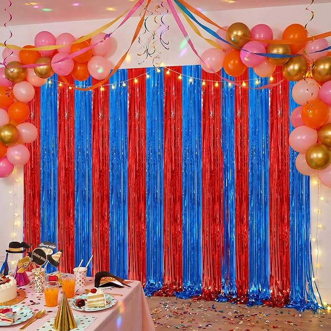 2Pack Red Blue Metallic Tinsel Foil Fringe Curtains, Tinsel Curtain Backdrop - Image 6