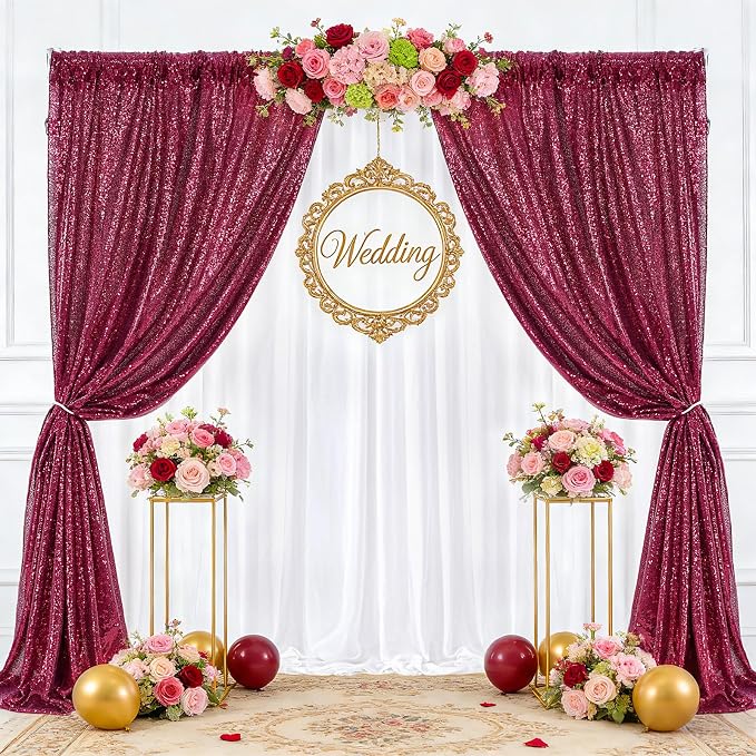 Burgundy Sequin Backdrop Curtains Party Photo Glitter Drapes 2 Pcs 2FTx8FT | - Image 7