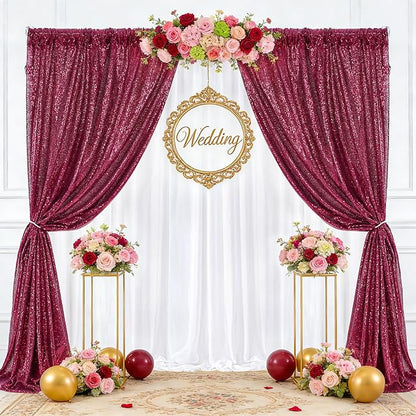 Burgundy Sequin Backdrop Curtains Party Photo Glitter Drapes 2 Pcs 2FTx8FT | - Image 7