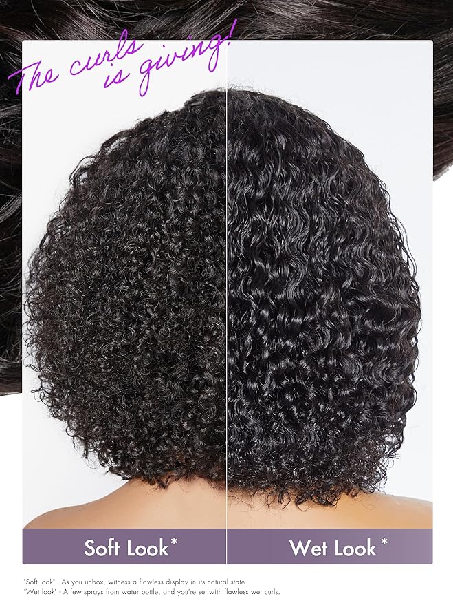 LUVME HAIR 8" Curly Glueless Wigs Human Hair Pre Cut/Plucked, Undetectable HD Lace Wig Ready to Go Lace Bob Wig Short Curly 180 Density