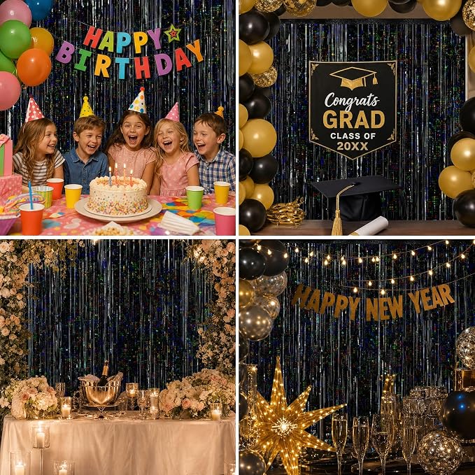 Black Fringe Curtain Party Streamers 2Pack 3.3x8.3 Ft Foil Fringe Backdrop - Image 4